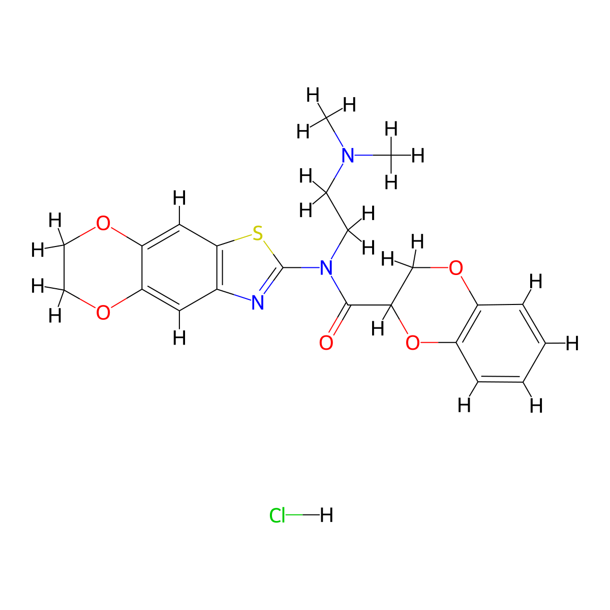 N-(6,7-dihydro-[1,4]dioxino[2',3':4,5]benzo[1,2-d]thiazol-2-yl)-N-(2-(dimethylamino)ethyl)-2,3-dihydrobenzo[b][1,4]dioxine-2-carboxamide hydrochloride molecular structure, CAS 1321877-41-1