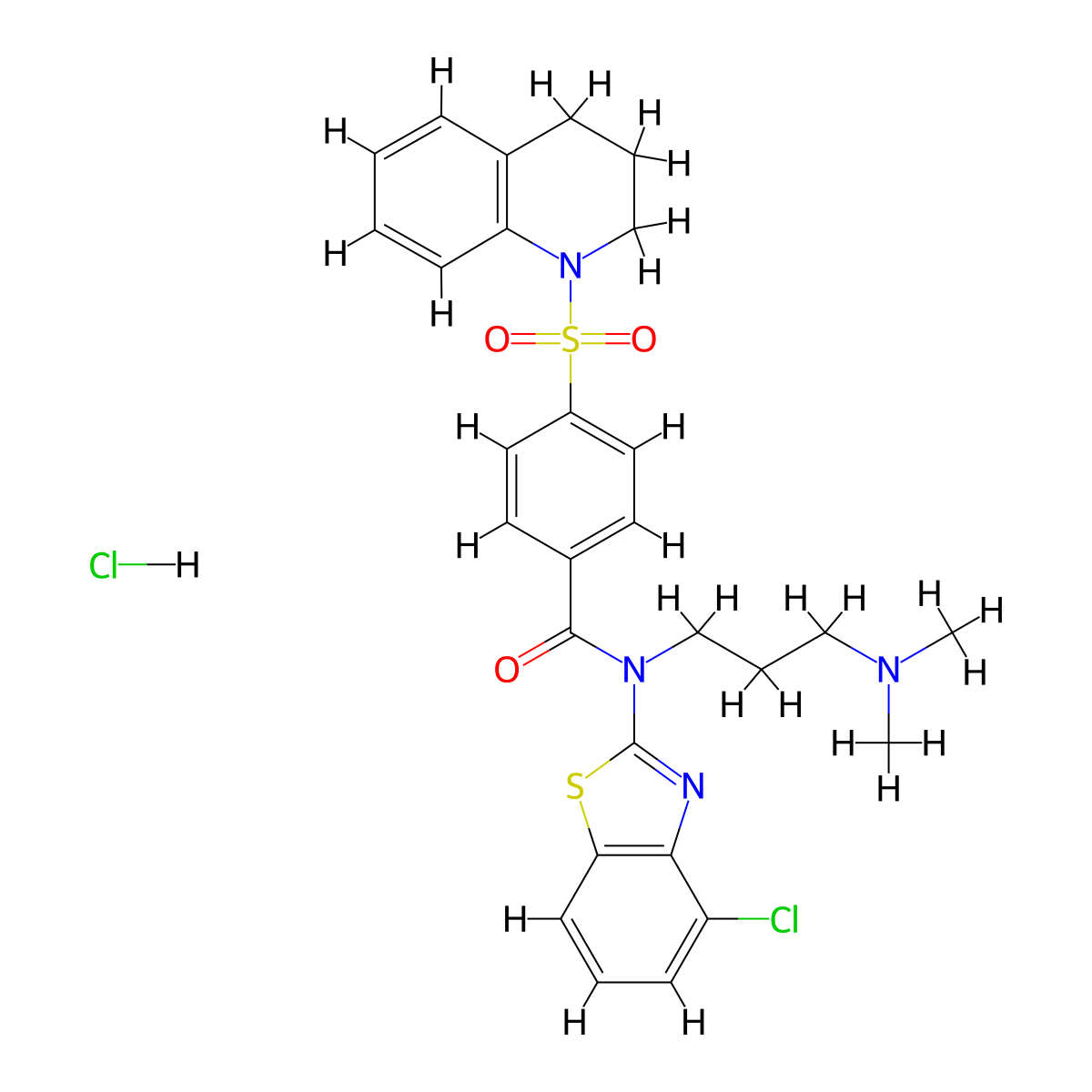 N-(4-chlorobenzo[d]thiazol-2-yl)-4-((3,4-dihydroquinolin-1(2H)-yl)sulfonyl)-N-(3-(dimethylamino)propyl)benzamide hydrochloride molecular structure, CAS 1321888-57-6