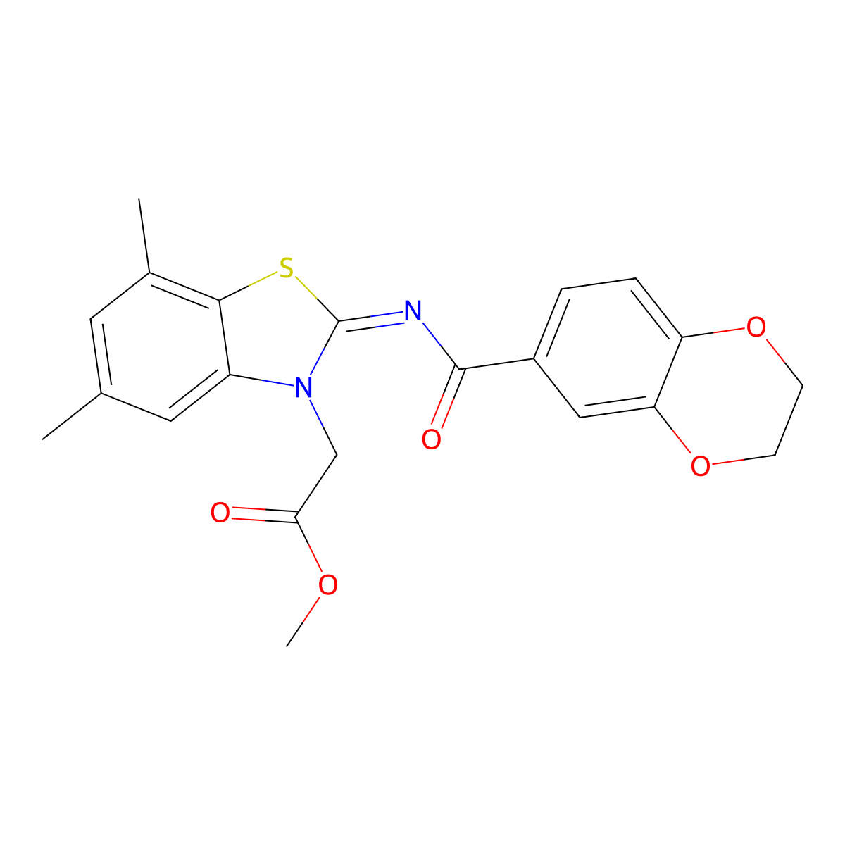 (Z)-methyl 2-(2-((2,3-dihydrobenzo[b][1,4]dioxine-6-carbonyl)imino)-5,7-dimethylbenzo[d]thiazol-3(2H)-yl)acetate molecular structure, CAS 1321895-73-1