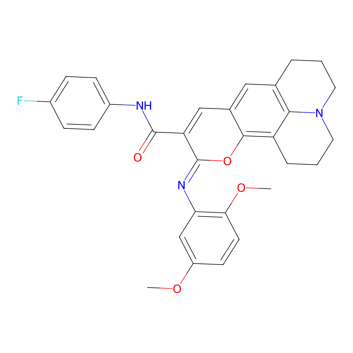 (4Z)-4-[(2,5-dimethoxyphenyl)imino]-N-(4-fluorophenyl)-3-oxa-13-azatetracyclo[7.7.1.0^{2,7}.0^{13,17}]heptadeca-1,5,7,9(17)-tetraene-5-carboxamide molecular structure, CAS 1321906-77-7