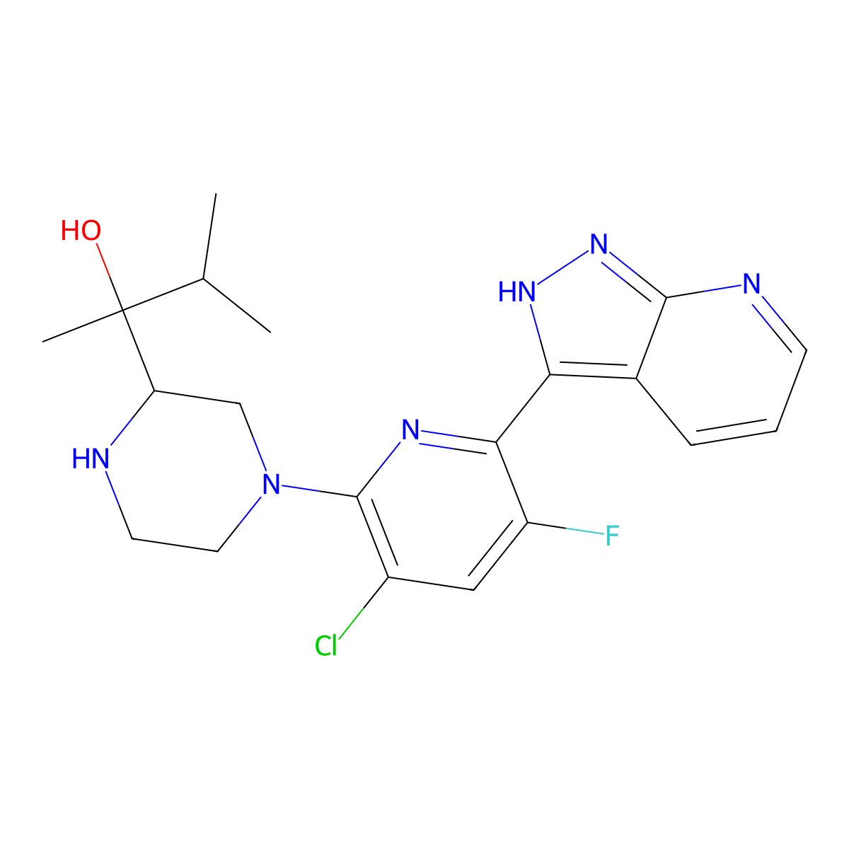 (R)-2-((S)-4-(3-chloro-5-fluoro-6-(1H-pyrazolo[3,4-b]pyridin-3-yl)pyridin-2-yl)piperazin-2-yl)-3-methylbutan-2-ol molecular structure, CAS 1321924-70-2