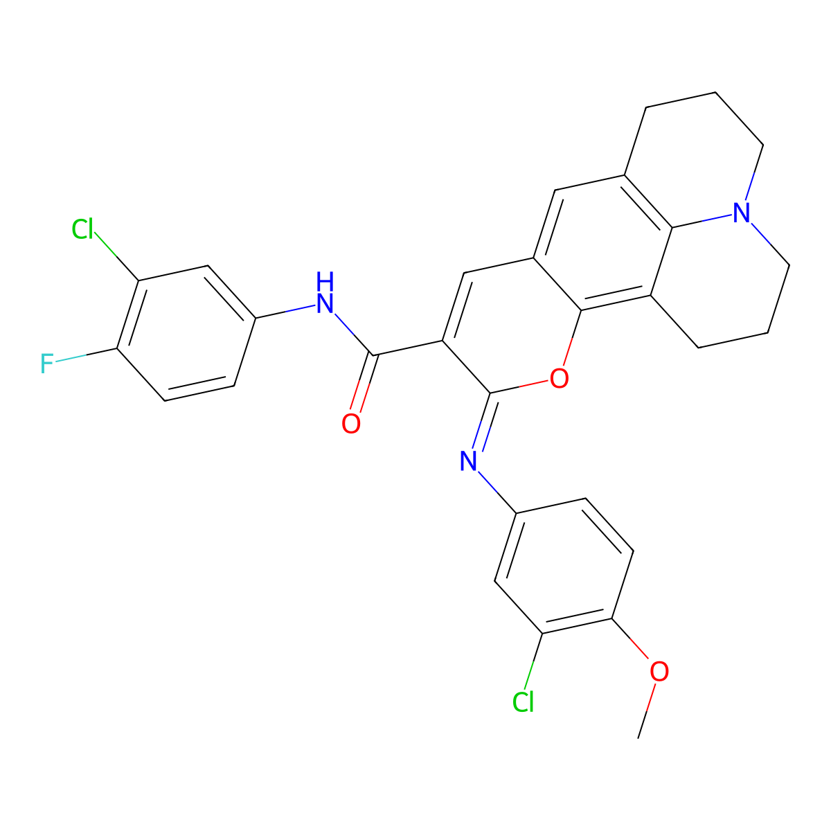 (4Z)-N-(3-chloro-4-fluorophenyl)-4-[(3-chloro-4-methoxyphenyl)imino]-3-oxa-13-azatetracyclo[7.7.1.0^{2,7}.0^{13,17}]heptadeca-1,5,7,9(17)-tetraene-5-carboxamide molecular structure, CAS 1321926-40-2