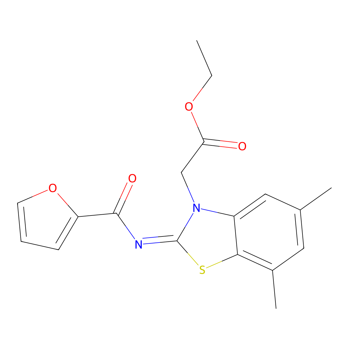 Ethyl 2-[2-(furan-2-carbonylimino)-5,7-dimethyl-1,3-benzothiazol-3-yl]acetate molecular structure, CAS 1321930-29-3