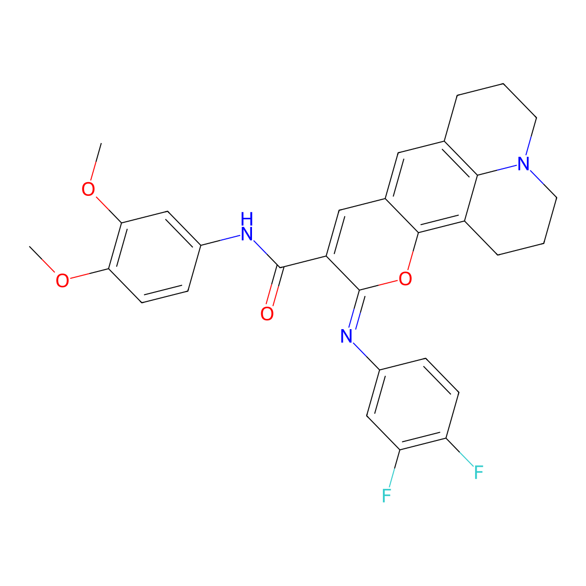 (4Z)-4-[(3,4-difluorophenyl)imino]-N-(3,4-dimethoxyphenyl)-3-oxa-13-azatetracyclo[7.7.1.0^{2,7}.0^{13,17}]heptadeca-1,5,7,9(17)-tetraene-5-carboxamide molecular structure, CAS 1321931-61-6