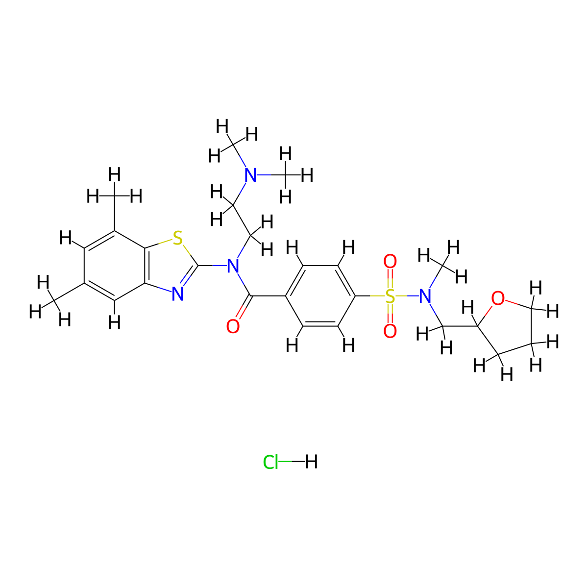N-(2-(dimethylamino)ethyl)-N-(5,7-dimethylbenzo[d]thiazol-2-yl)-4-(N-methyl-N-((tetrahydrofuran-2-yl)methyl)sulfamoyl)benzamide hydrochloride molecular structure, CAS 1321947-41-4