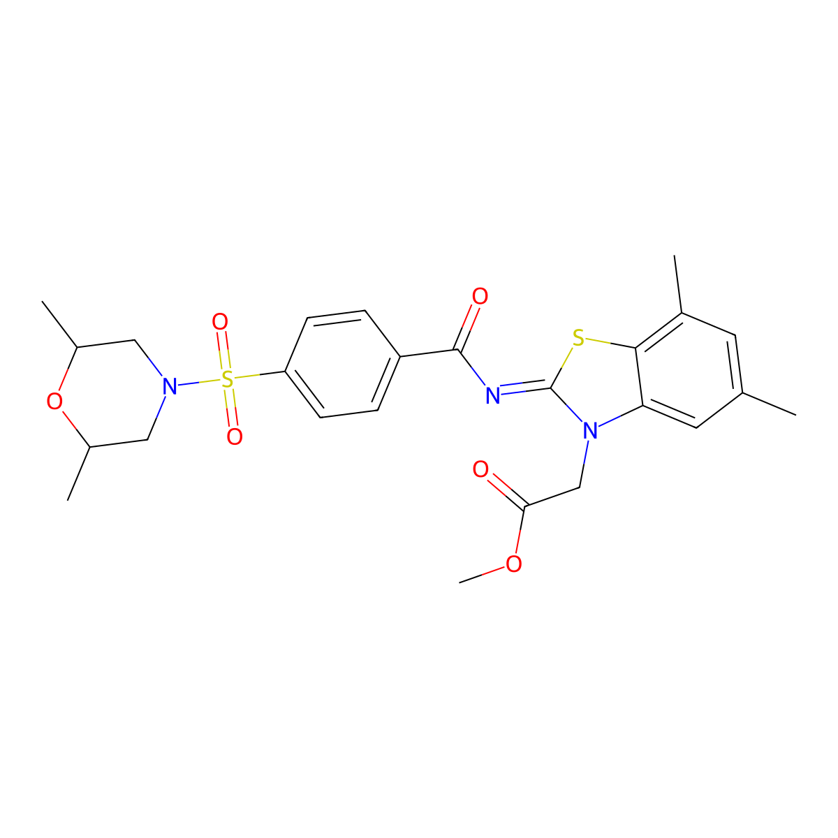(Z)-methyl 2-(2-((4-((2,6-dimethylmorpholino)sulfonyl)benzoyl)imino)-5,7-dimethylbenzo[d]thiazol-3(2H)-yl)acetate molecular structure, CAS 1321949-91-0