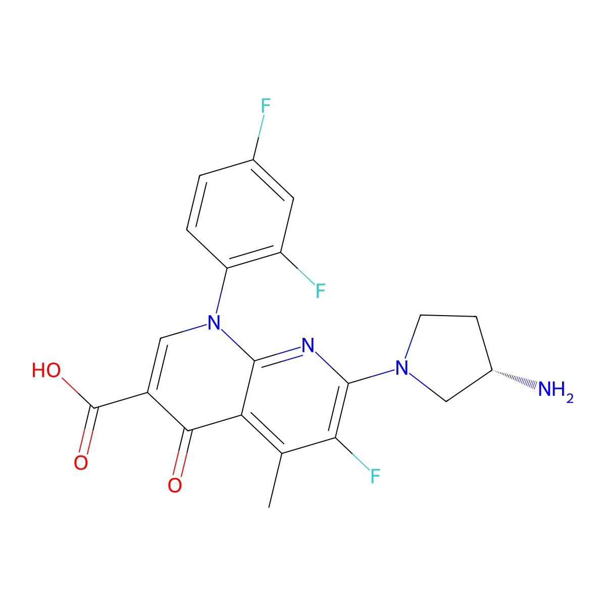 7-[(3S)-3-aminopyrrolidin-1-yl]-1-(2,4-difluorophenyl)-6-fluoro-5-methyl-4-oxo-1,8-naphthyridine-3-carboxylic acid molecular structure, CAS 132195-65-4