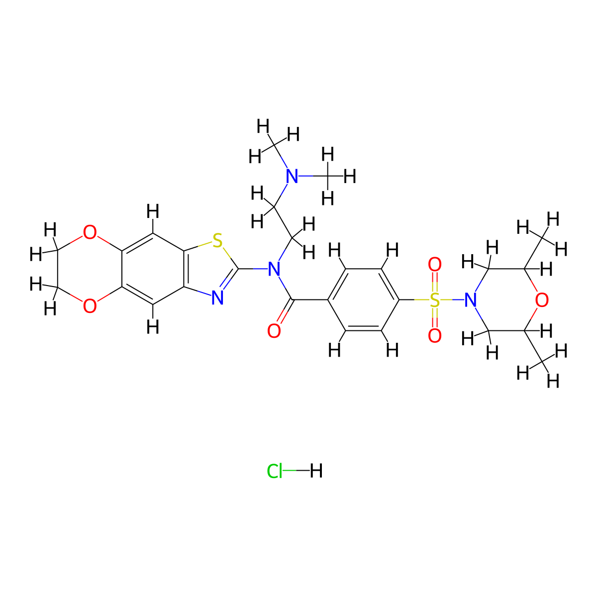 N-[2-(dimethylamino)ethyl]-4-[(2,6-dimethylmorpholin-4-yl)sulfonyl]-N-{10,13-dioxa-4-thia-6-azatricyclo[7.4.0.0^{3,7}]trideca-1,3(7),5,8-tetraen-5-yl}benzamide hydrochloride molecular structure, CAS 1321955-95-6