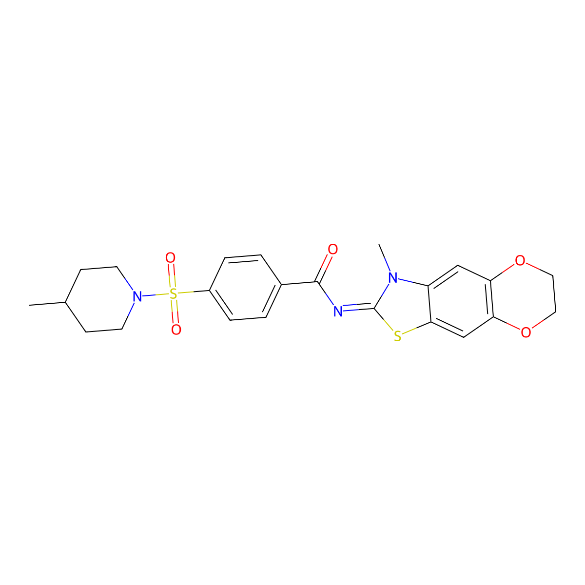 (E)-N-(3-methyl-6,7-dihydro-[1,4]dioxino[2',3':4,5]benzo[1,2-d]thiazol-2(3H)-ylidene)-4-((4-methylpiperidin-1-yl)sulfonyl)benzamide molecular structure, CAS 1321960-81-9