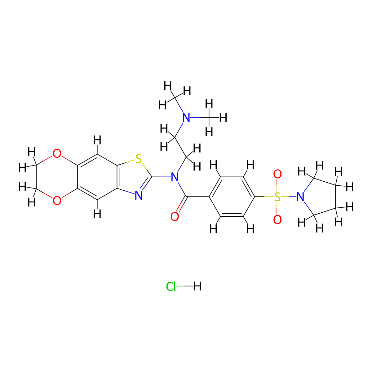 N-[2-(dimethylamino)ethyl]-N-{10,13-dioxa-4-thia-6-azatricyclo[7.4.0.0^{3,7}]trideca-1,3(7),5,8-tetraen-5-yl}-4-(pyrrolidine-1-sulfonyl)benzamide hydrochloride molecular structure, CAS 1321970-55-1