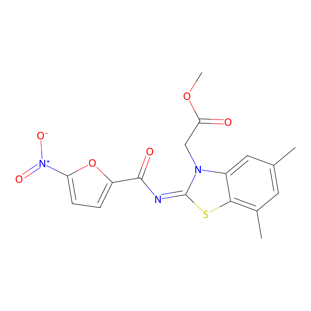 Methyl 2-[5,7-dimethyl-2-(5-nitrofuran-2-carbonyl)imino-1,3-benzothiazol-3-yl]acetate molecular structure, CAS 1321971-53-2