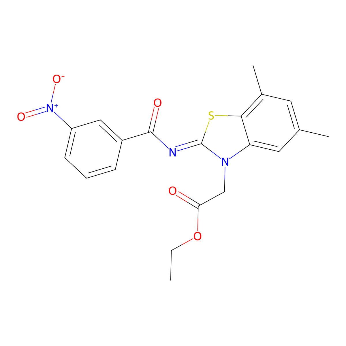 Ethyl 2-[5,7-dimethyl-2-(3-nitrobenzoyl)imino-1,3-benzothiazol-3-yl]acetate molecular structure, CAS 1321973-64-1