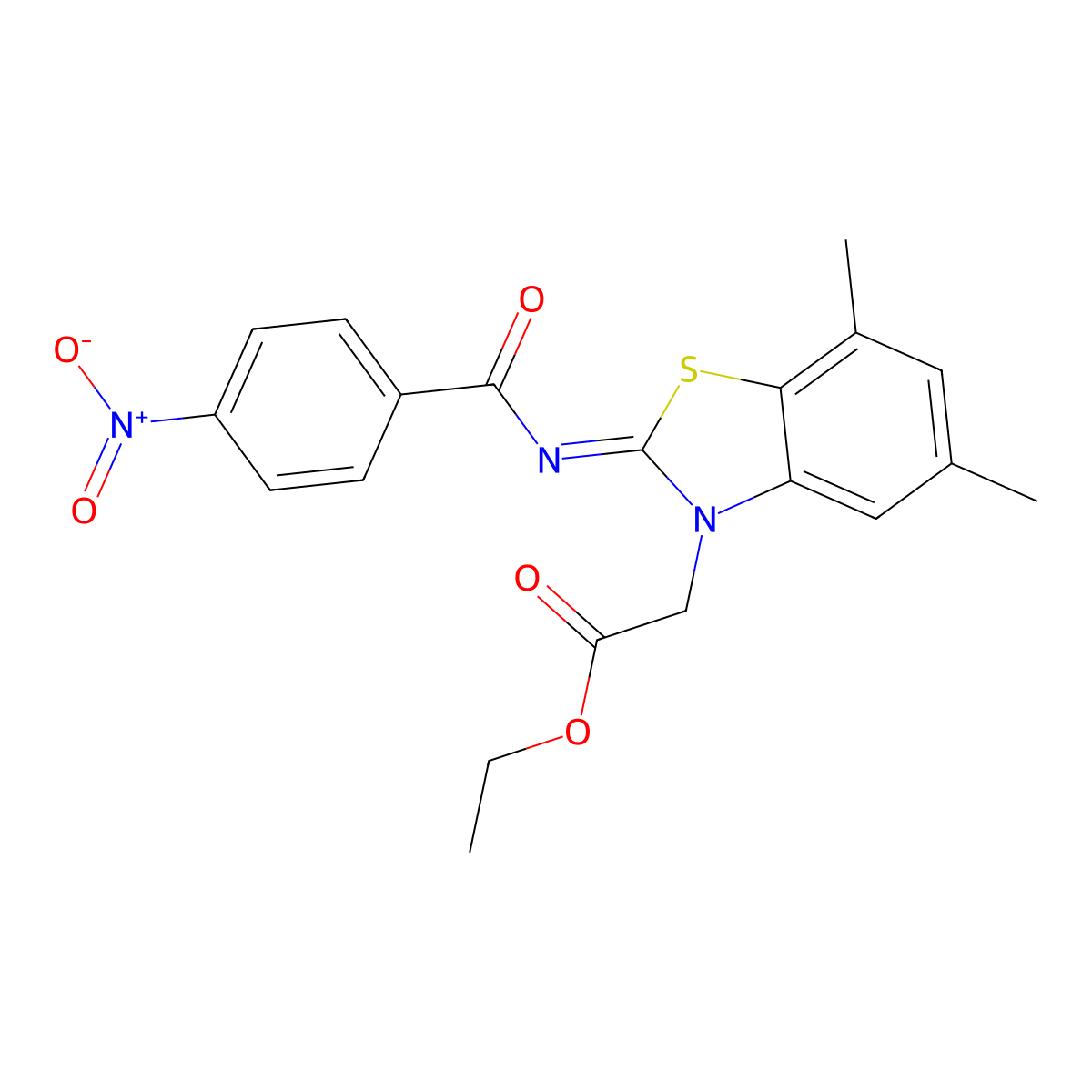Ethyl 2-[5,7-dimethyl-2-(4-nitrobenzoyl)imino-1,3-benzothiazol-3-yl]acetate molecular structure, CAS 1321973-99-2