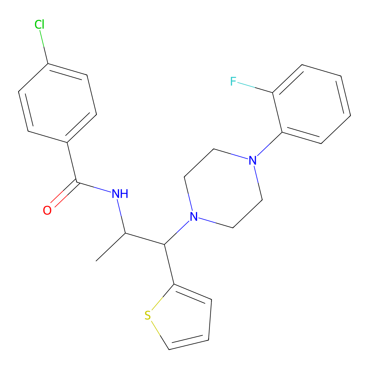 4-chloro-N-{1-[4-(2-fluorophenyl)piperazin-1-yl]-1-(thiophen-2-yl)propan-2-yl}benzamide molecular structure, CAS 1321976-92-4