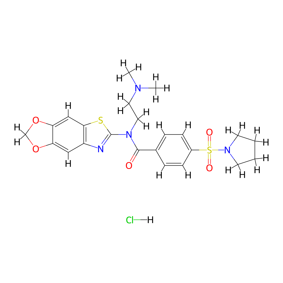 N-[2-(dimethylamino)ethyl]-N-{4,6-dioxa-10-thia-12-azatricyclo[7.3.0.0^{3,7}]dodeca-1(9),2,7,11-tetraen-11-yl}-4-(pyrrolidine-1-sulfonyl)benzamide hydrochloride molecular structure, CAS 1321981-68-3
