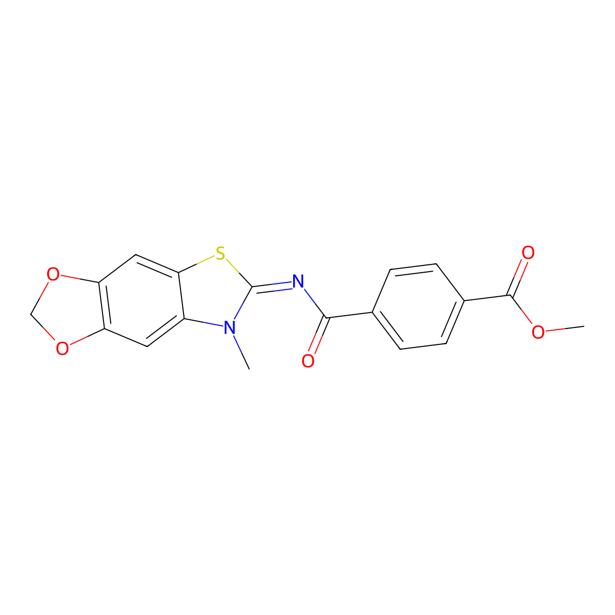 Methyl 4-[(7-methyl-[1,3]dioxolo[4,5-f][1,3]benzothiazol-6-ylidene)carbamoyl]benzoate molecular structure, CAS 1321982-73-3