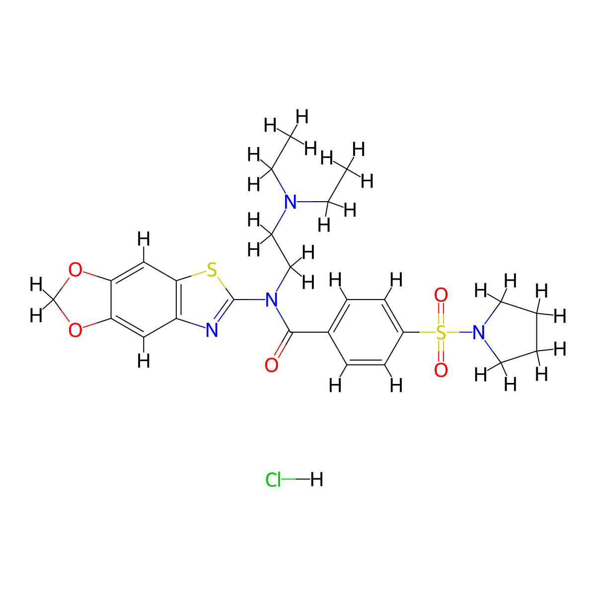 N-([1,3]dioxolo[4',5':4,5]benzo[1,2-d]thiazol-6-yl)-N-(2-(diethylamino)ethyl)-4-(pyrrolidin-1-ylsulfonyl)benzamide hydrochloride molecular structure, CAS 1321986-31-5