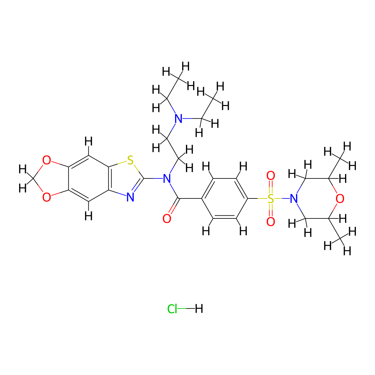 N-[2-(diethylamino)ethyl]-4-[(2,6-dimethylmorpholin-4-yl)sulfonyl]-N-{4,6-dioxa-10-thia-12-azatricyclo[7.3.0.0^{3,7}]dodeca-1(9),2,7,11-tetraen-11-yl}benzamide hydrochloride molecular structure, CAS 1321988-02-6