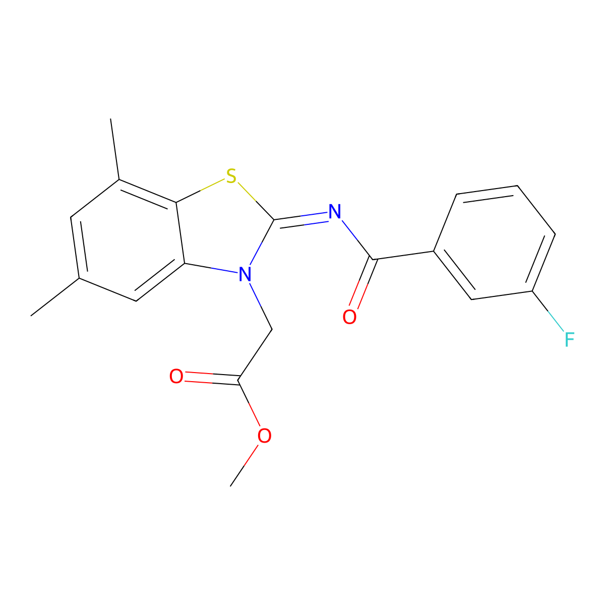 Methyl 2-[2-(3-fluorobenzoyl)imino-5,7-dimethyl-1,3-benzothiazol-3-yl]acetate molecular structure, CAS 1321995-34-9