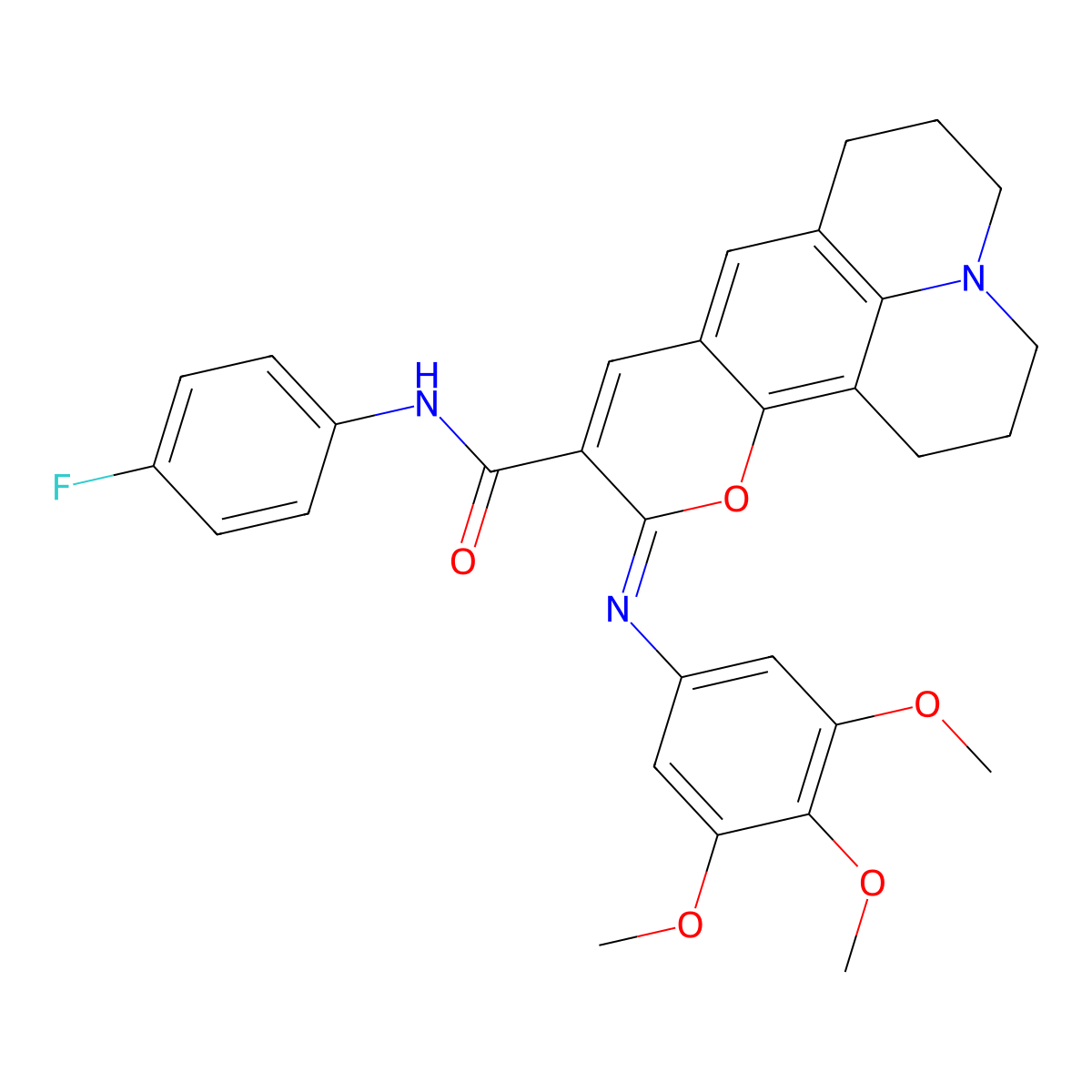 (11Z)-N-(4-fluorophenyl)-11-[(3,4,5-trimethoxyphenyl)imino]-2,3,6,7-tetrahydro-1H,5H,11H-pyrano[2,3-f]pyrido[3,2,1-ij]quinoline-10-carboxamide molecular structure, CAS 1321996-44-4
