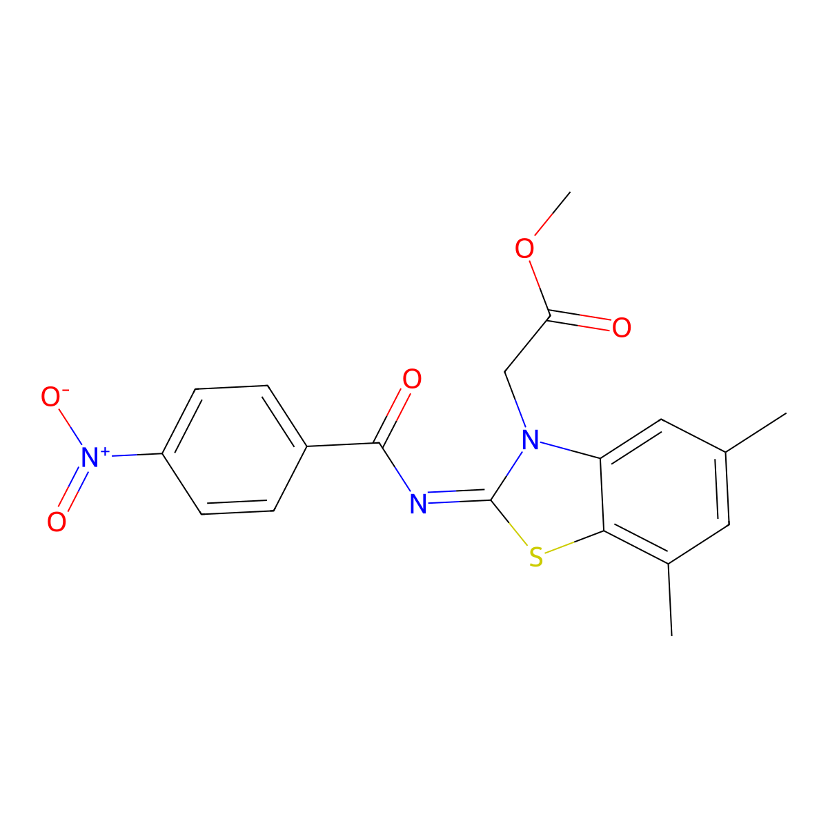Methyl 2-[5,7-dimethyl-2-(4-nitrobenzoyl)imino-1,3-benzothiazol-3-yl]acetate molecular structure, CAS 1322005-89-9