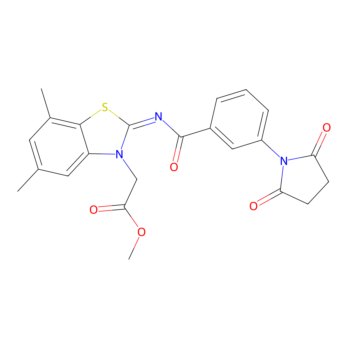 (Z)-methyl 2-(2-((3-(2,5-dioxopyrrolidin-1-yl)benzoyl)imino)-5,7-dimethylbenzo[d]thiazol-3(2H)-yl)acetate molecular structure, CAS 1322008-17-2