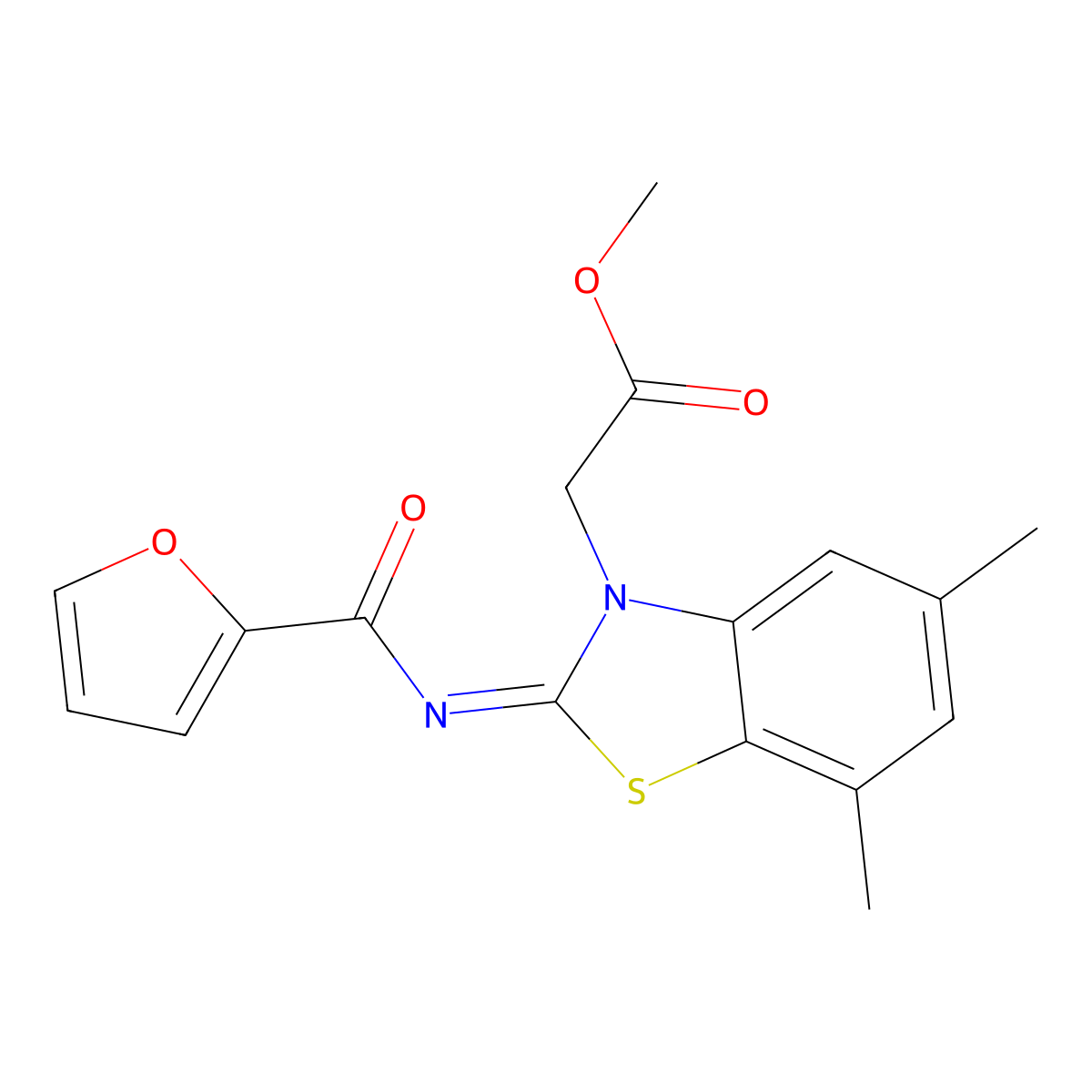Methyl 2-[2-(furan-2-carbonylimino)-5,7-dimethyl-1,3-benzothiazol-3-yl]acetate molecular structure, CAS 1322011-43-7