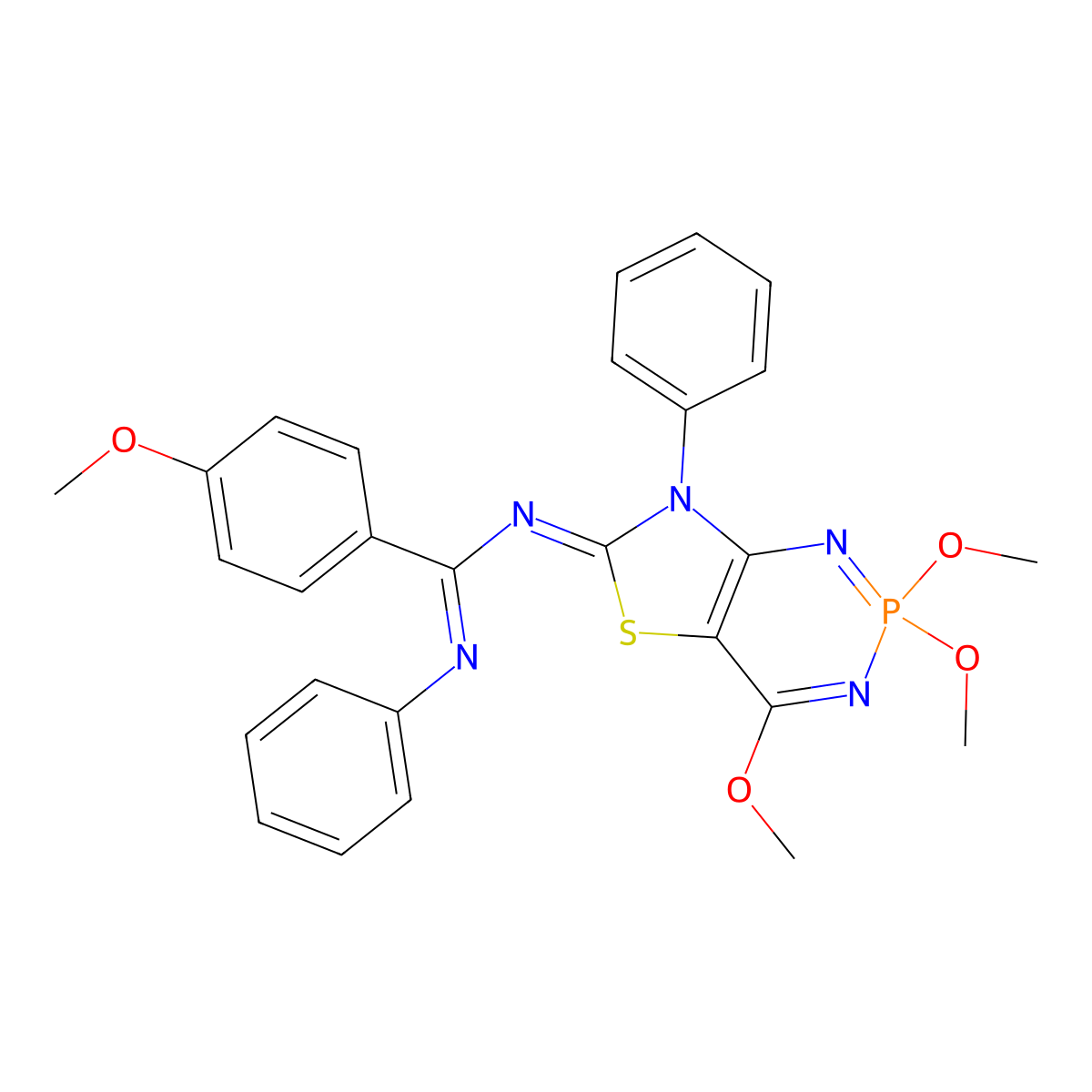 (E)-4-methoxy-N'-phenyl-N-[(6Z)-2,2,4-trimethoxy-7-phenyl-6H,7H-2lambda5-[1,3]thiazolo[4,5-d][1,3,2]diazaphosphinin-6-ylidene]benzene-1-carboximidamide molecular structure, CAS 1322013-94-4