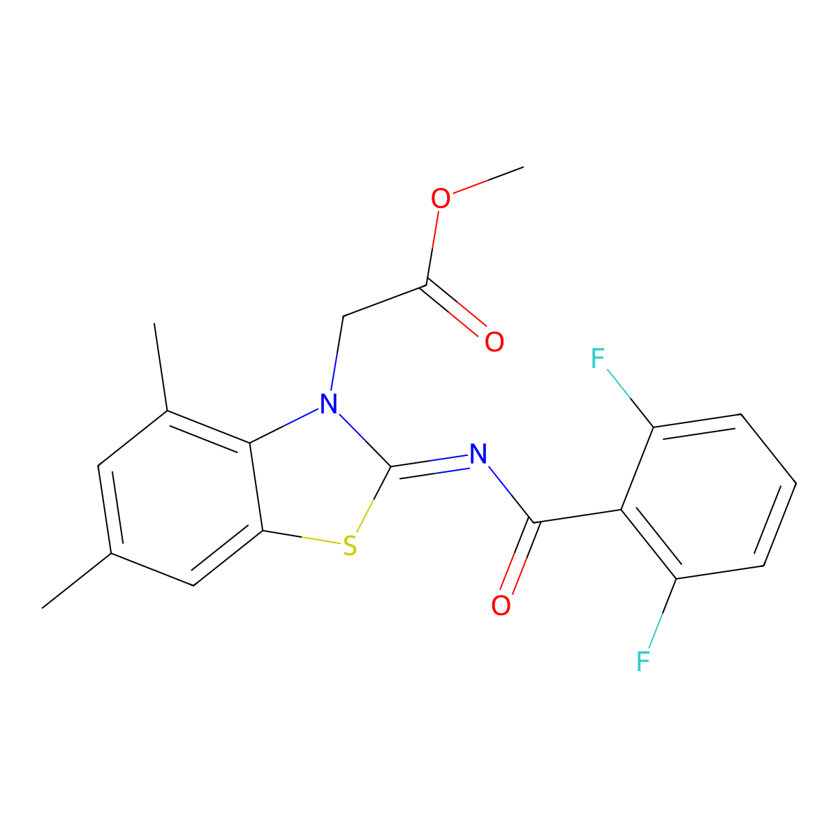 Methyl 2-[2-(2,6-difluorobenzoyl)imino-4,6-dimethyl-1,3-benzothiazol-3-yl]acetate molecular structure, CAS 1322019-64-6