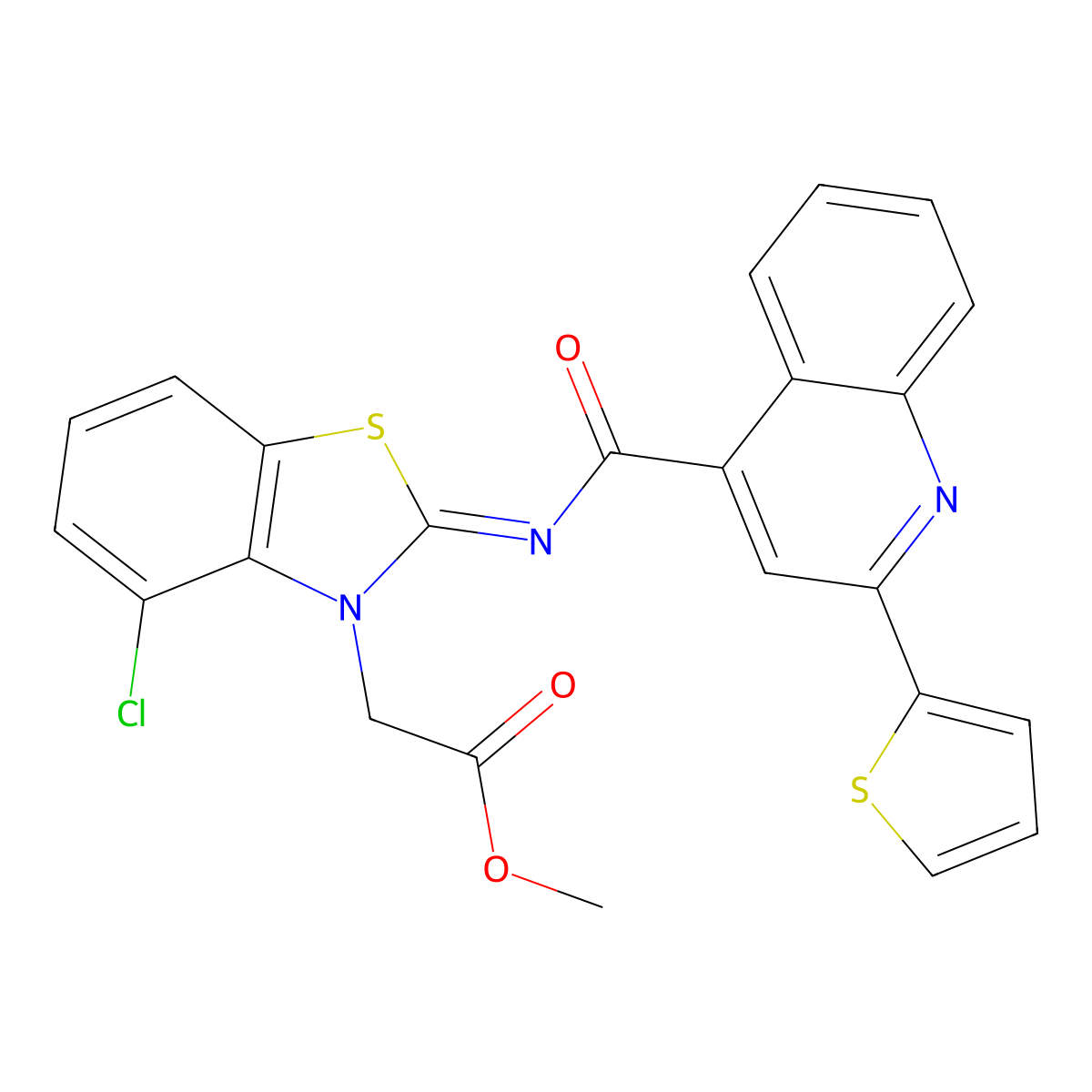 (Z)-methyl 2-(4-chloro-2-((2-(thiophen-2-yl)quinoline-4-carbonyl)imino)benzo[d]thiazol-3(2H)-yl)acetate molecular structure, CAS 1322023-81-3