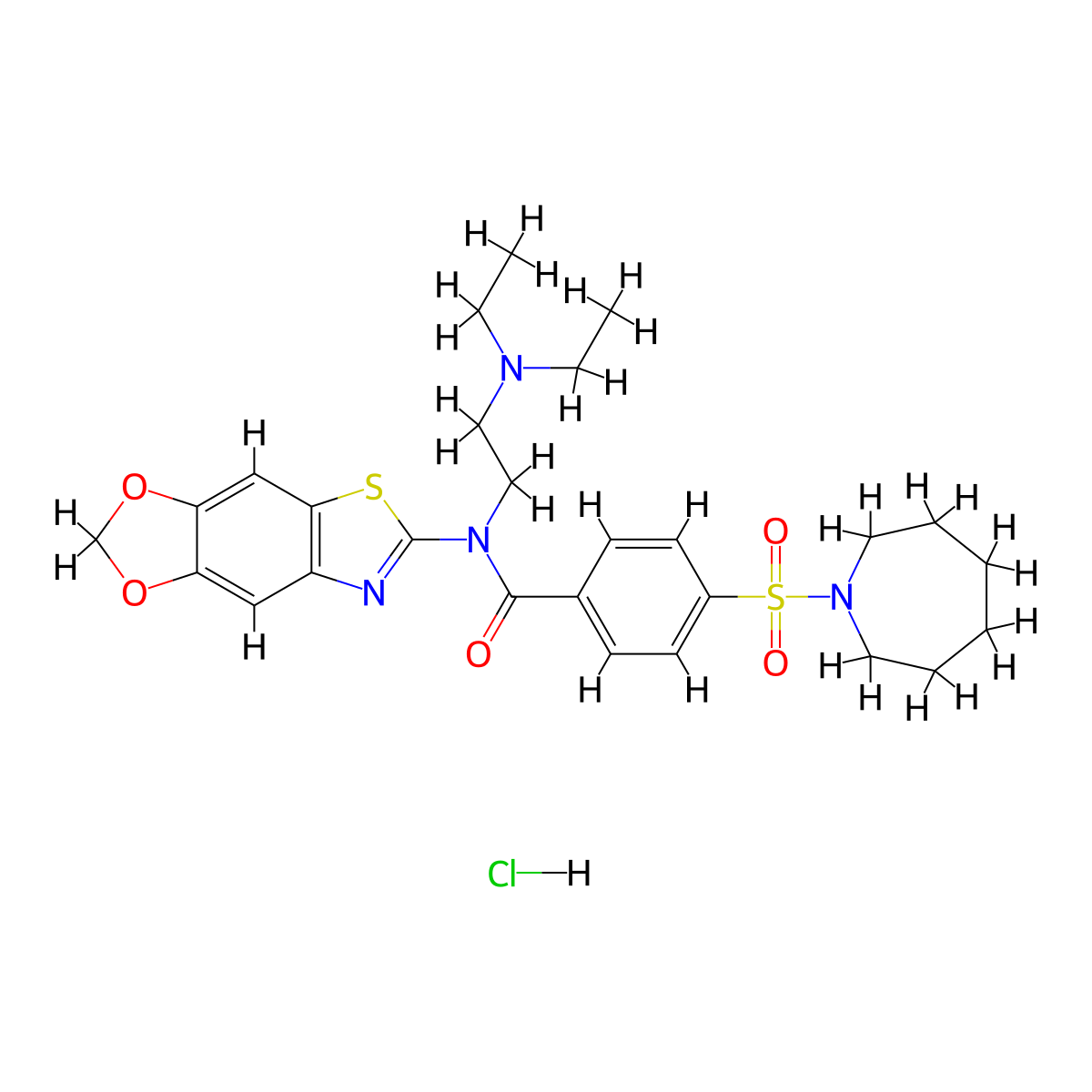 4-(azepane-1-sulfonyl)-N-[2-(diethylamino)ethyl]-N-{4,6-dioxa-10-thia-12-azatricyclo[7.3.0.0^{3,7}]dodeca-1(9),2,7,11-tetraen-11-yl}benzamide hydrochloride molecular structure, CAS 1322023-84-6