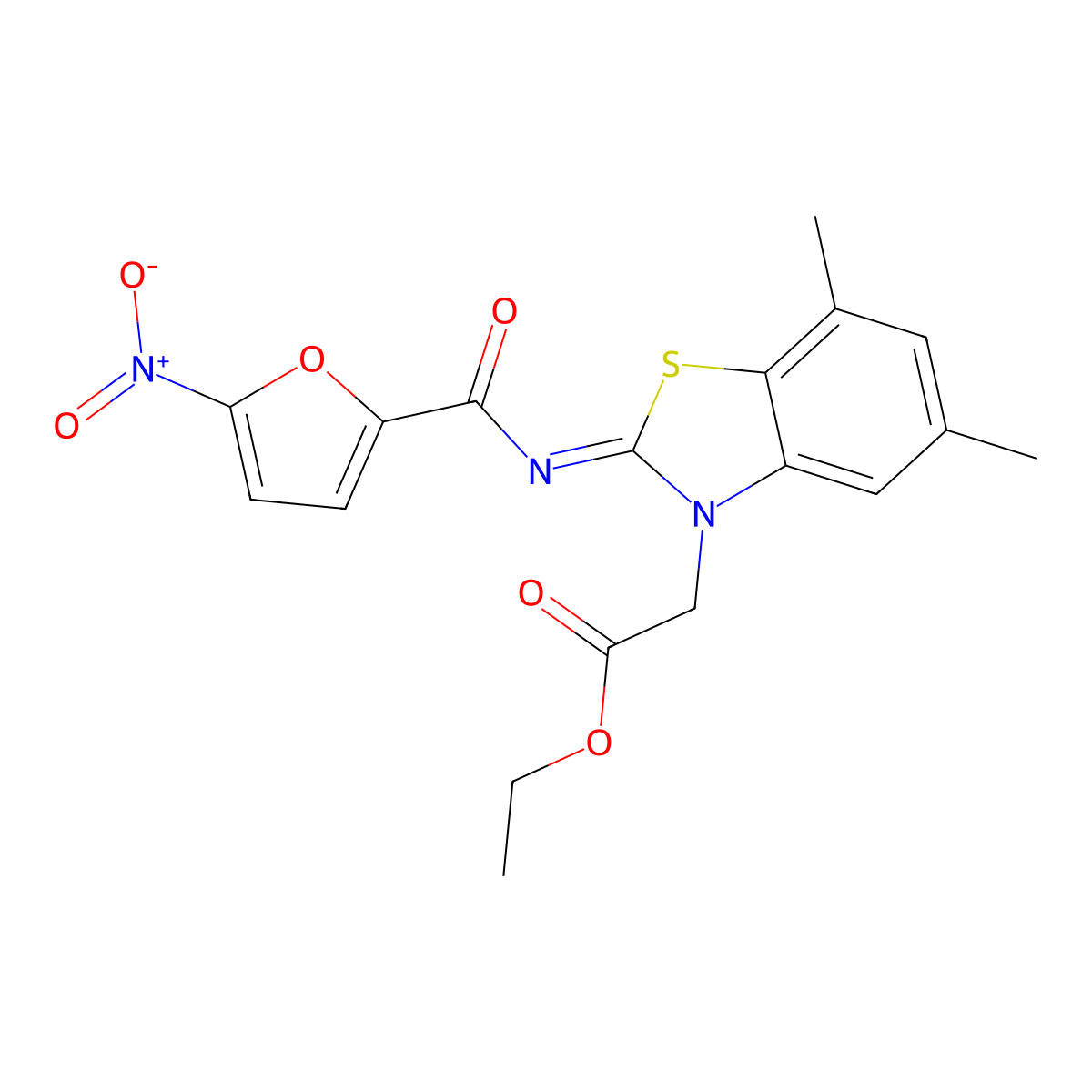 Ethyl 2-[5,7-dimethyl-2-(5-nitrofuran-2-carbonyl)imino-1,3-benzothiazol-3-yl]acetate molecular structure, CAS 1322025-70-6