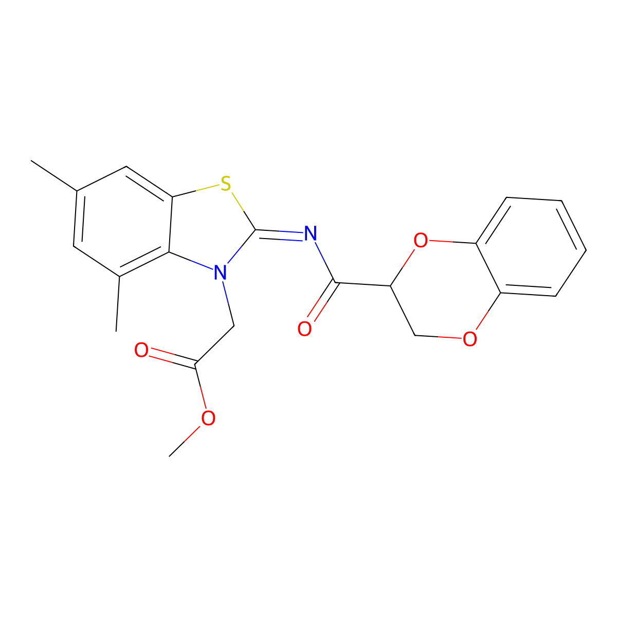 (Z)-methyl 2-(2-((2,3-dihydrobenzo[b][1,4]dioxine-2-carbonyl)imino)-4,6-dimethylbenzo[d]thiazol-3(2H)-yl)acetate molecular structure, CAS 1322027-72-4