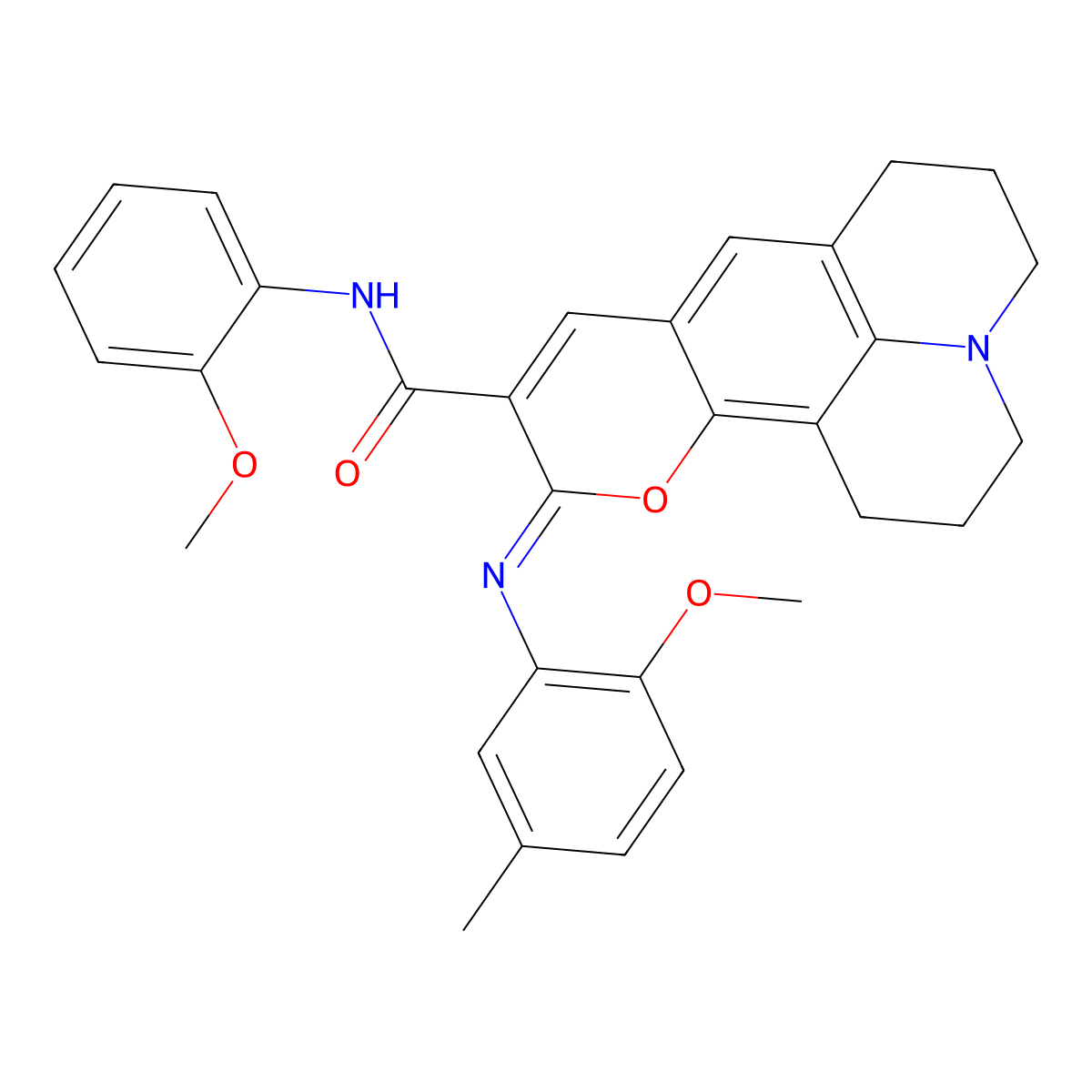 (11Z)-11-[(2-methoxy-5-methylphenyl)imino]-N-(2-methoxyphenyl)-2,3,6,7-tetrahydro-1H,5H,11H-pyrano[2,3-f]pyrido[3,2,1-ij]quinoline-10-carboxamide molecular structure, CAS 1322029-00-4