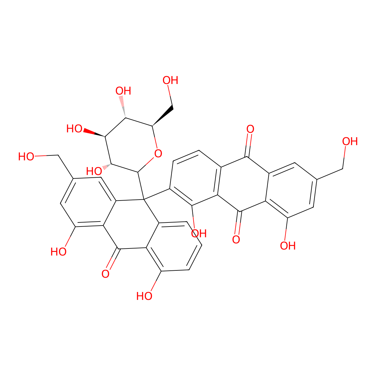2-[4,5-dihydroxy-2-(hydroxymethyl)-10-oxo-9-[(3R,4R,5S,6R)-3,4,5-trihydroxy-6-(hydroxymethyl)oxan-2-yl]anthracen-9-yl]-1,8-dihydroxy-6-(hydroxymethyl)anthracene-9,10-dione molecular structure, CAS 132210-48-1