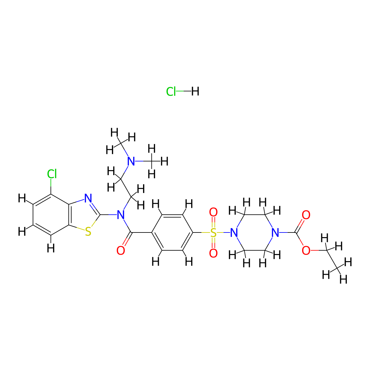 Ethyl 4-((4-((4-chlorobenzo[d]thiazol-2-yl)(2-(dimethylamino)ethyl)carbamoyl)phenyl)sulfonyl)piperazine-1-carboxylate hydrochloride molecular structure, CAS 1322194-19-3