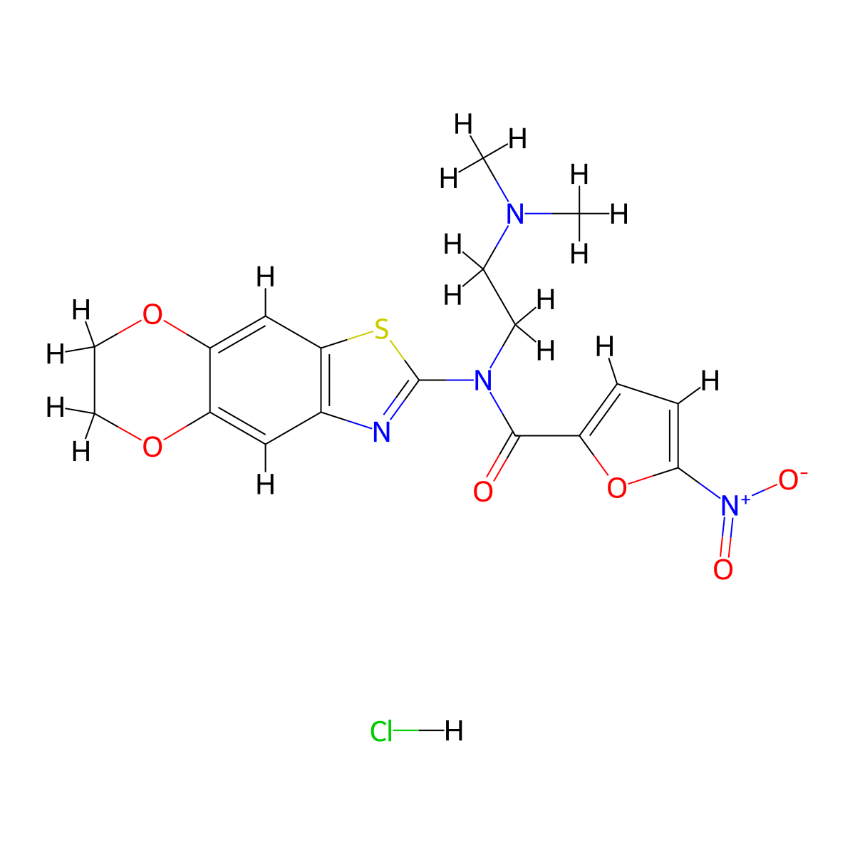 N-(6,7-dihydro-[1,4]dioxino[2',3':4,5]benzo[1,2-d]thiazol-2-yl)-N-(2-(dimethylamino)ethyl)-5-nitrofuran-2-carboxamide hydrochloride molecular structure, CAS 1322195-23-2