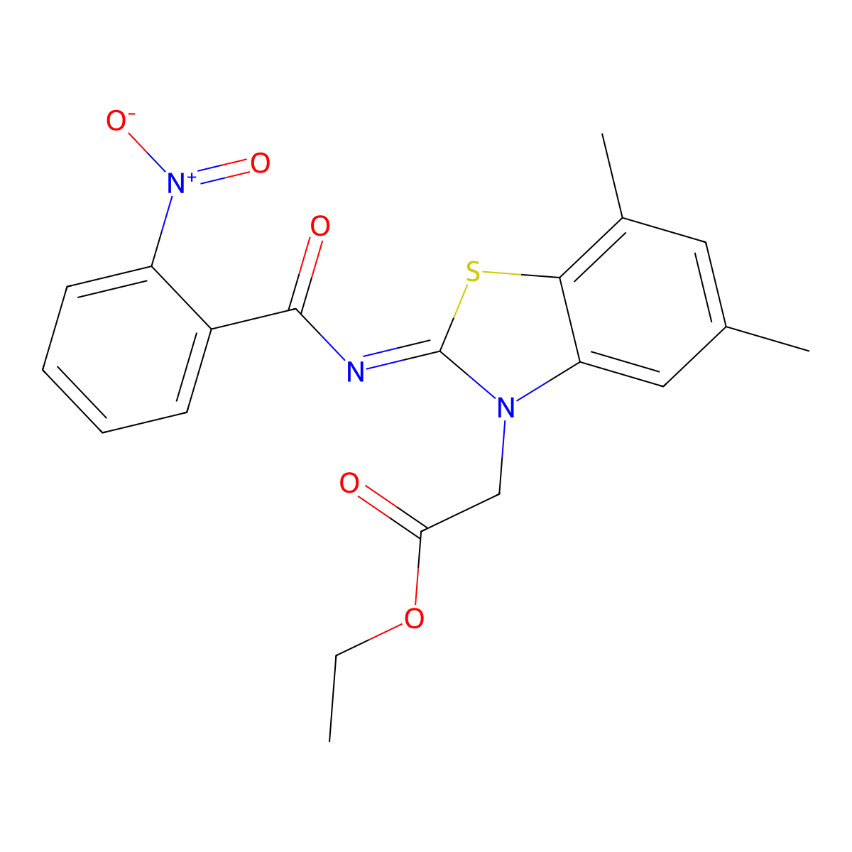 Ethyl 2-[5,7-dimethyl-2-(2-nitrobenzoyl)imino-1,3-benzothiazol-3-yl]acetate molecular structure, CAS 1322220-12-1