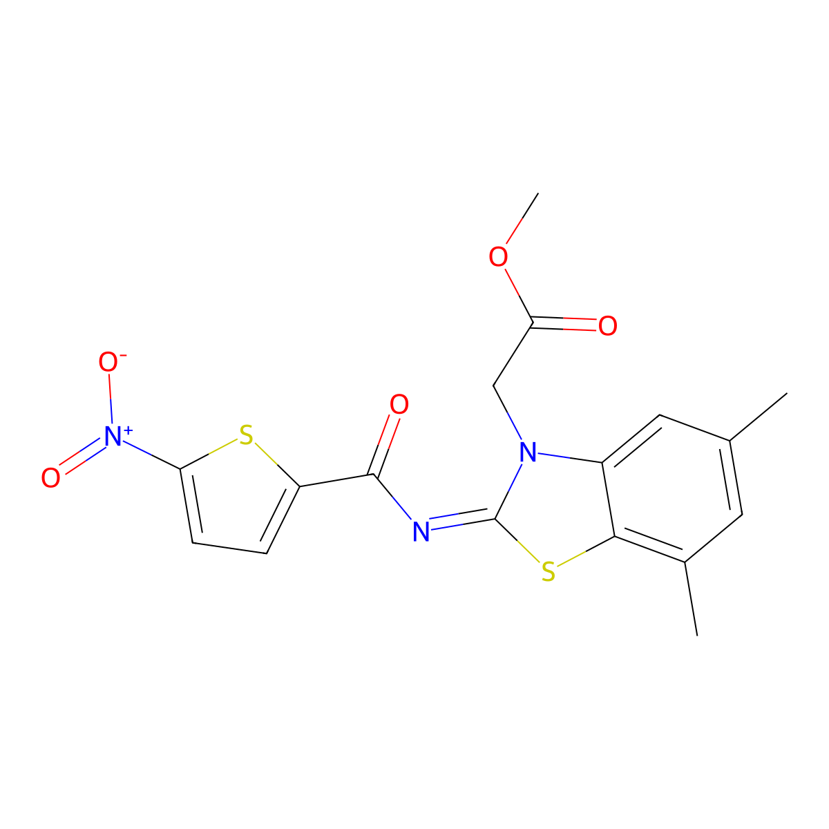 Methyl 2-[5,7-dimethyl-2-(5-nitrothiophene-2-carbonyl)imino-1,3-benzothiazol-3-yl]acetate molecular structure, CAS 1322227-65-5