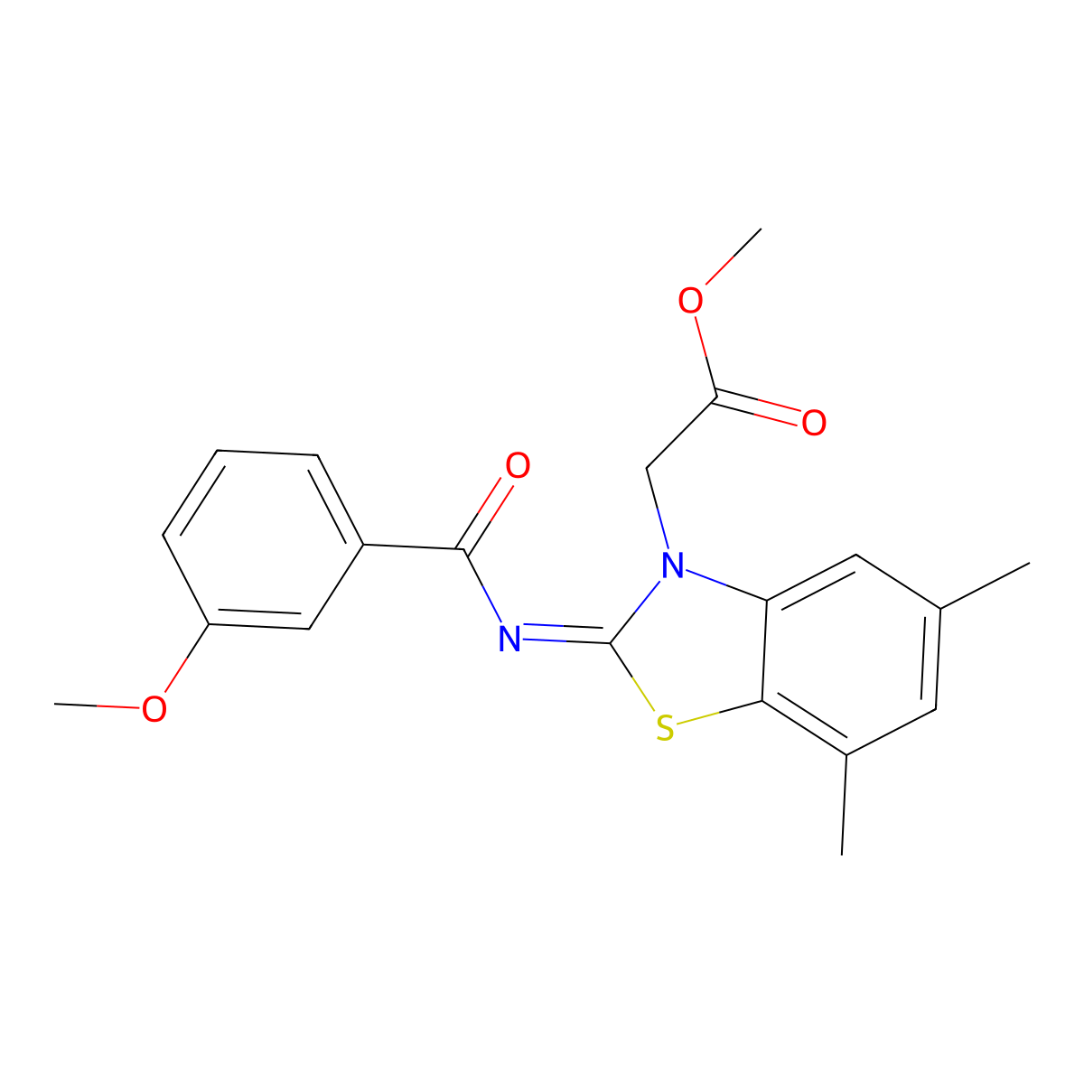 Methyl 2-[2-(3-methoxybenzoyl)imino-5,7-dimethyl-1,3-benzothiazol-3-yl]acetate molecular structure, CAS 1322227-93-9