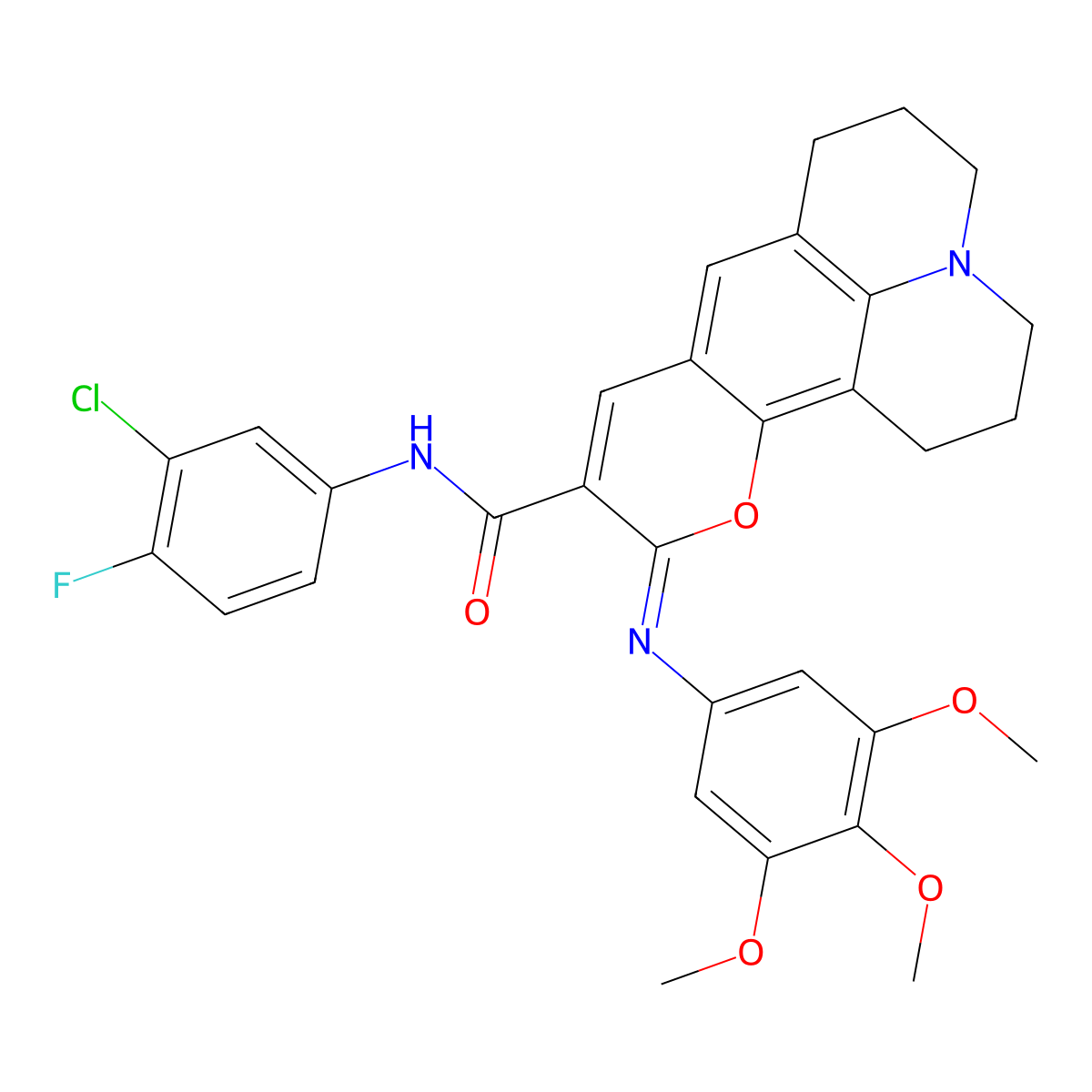 (4Z)-N-(3-chloro-4-fluorophenyl)-4-[(3,4,5-trimethoxyphenyl)imino]-3-oxa-13-azatetracyclo[7.7.1.0^{2,7}.0^{13,17}]heptadeca-1,5,7,9(17)-tetraene-5-carboxamide molecular structure, CAS 1322229-27-5