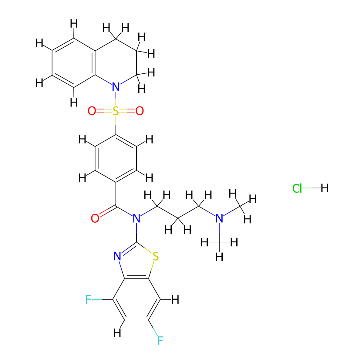 N-(4,6-difluorobenzo[d]thiazol-2-yl)-4-((3,4-dihydroquinolin-1(2H)-yl)sulfonyl)-N-(3-(dimethylamino)propyl)benzamide hydrochloride molecular structure, CAS 1322233-02-2