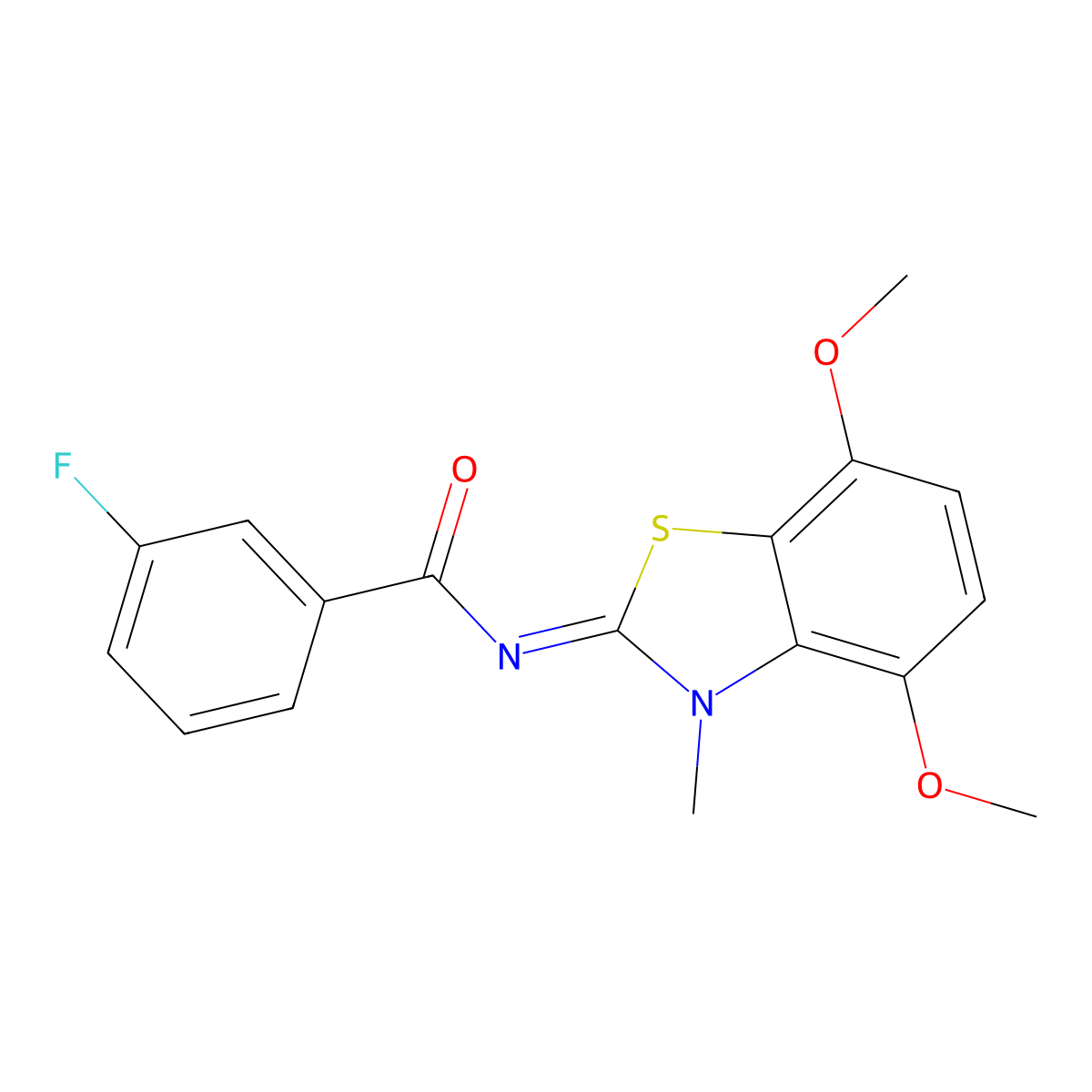 N-(4,7-dimethoxy-3-methyl-1,3-benzothiazol-2-ylidene)-3-fluorobenzamide molecular structure, CAS 1322234-32-1