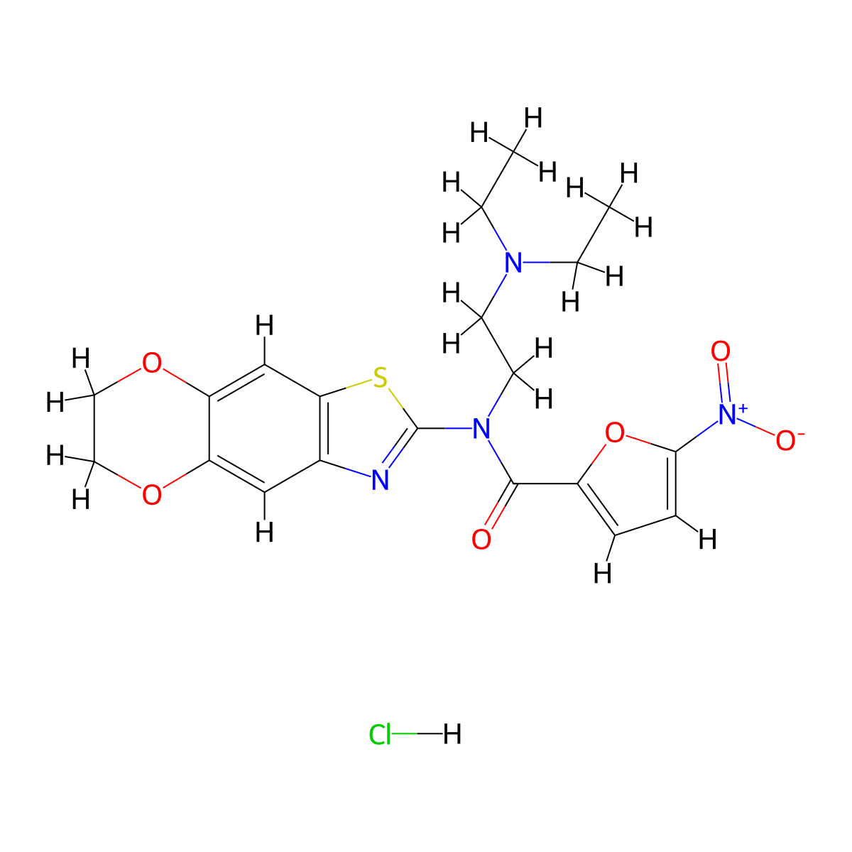 N-(2-(diethylamino)ethyl)-N-(6,7-dihydro-[1,4]dioxino[2',3':4,5]benzo[1,2-d]thiazol-2-yl)-5-nitrofuran-2-carboxamide hydrochloride molecular structure, CAS 1322238-01-6