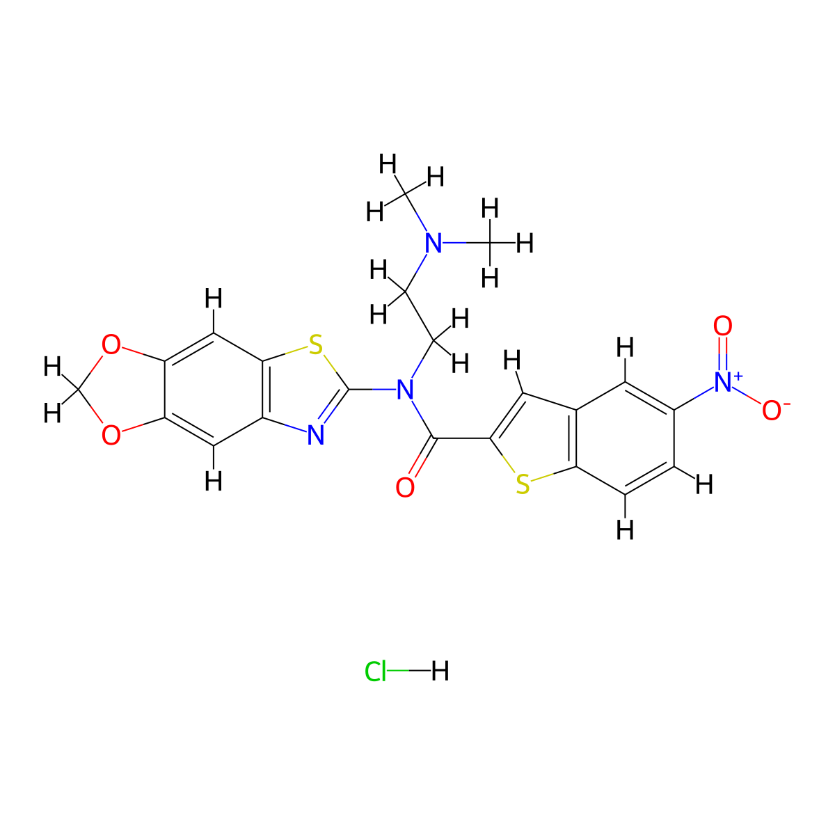 N-[2-(dimethylamino)ethyl]-N-{4,6-dioxa-10-thia-12-azatricyclo[7.3.0.0^{3,7}]dodeca-1(9),2,7,11-tetraen-11-yl}-5-nitro-1-benzothiophene-2-carboxamide hydrochloride molecular structure, CAS 1322253-34-8