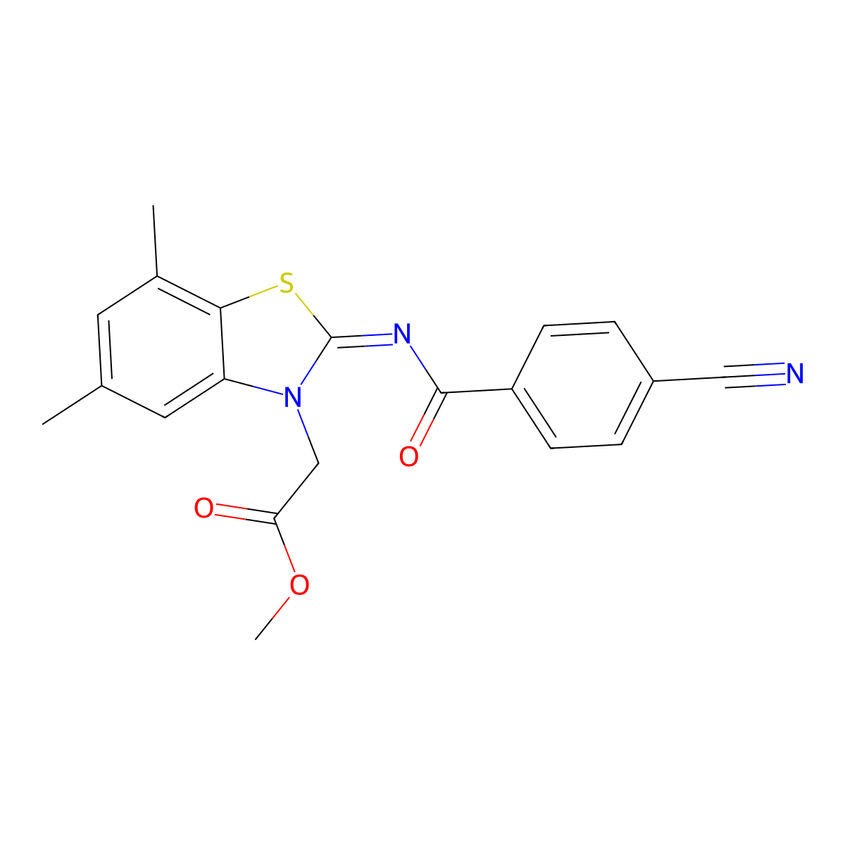 Methyl 2-[2-(4-cyanobenzoyl)imino-5,7-dimethyl-1,3-benzothiazol-3-yl]acetate molecular structure, CAS 1322254-96-5