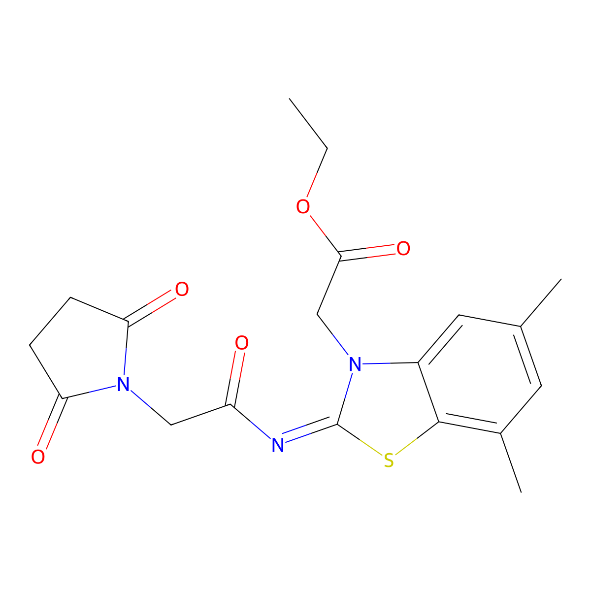 Ethyl 2-[2-[2-(2,5-dioxopyrrolidin-1-yl)acetyl]imino-5,7-dimethyl-1,3-benzothiazol-3-yl]acetate molecular structure, CAS 1322256-78-9
