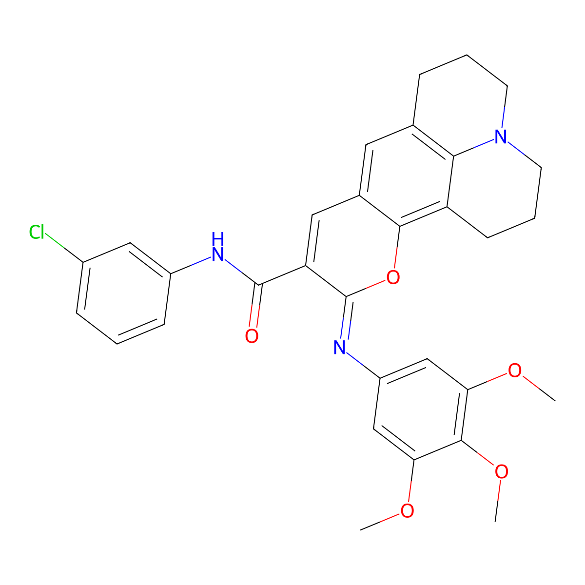 (11Z)-N-(3-chlorophenyl)-11-[(3,4,5-trimethoxyphenyl)imino]-2,3,6,7-tetrahydro-1H,5H,11H-pyrano[2,3-f]pyrido[3,2,1-ij]quinoline-10-carboxamide molecular structure, CAS 1322259-20-0