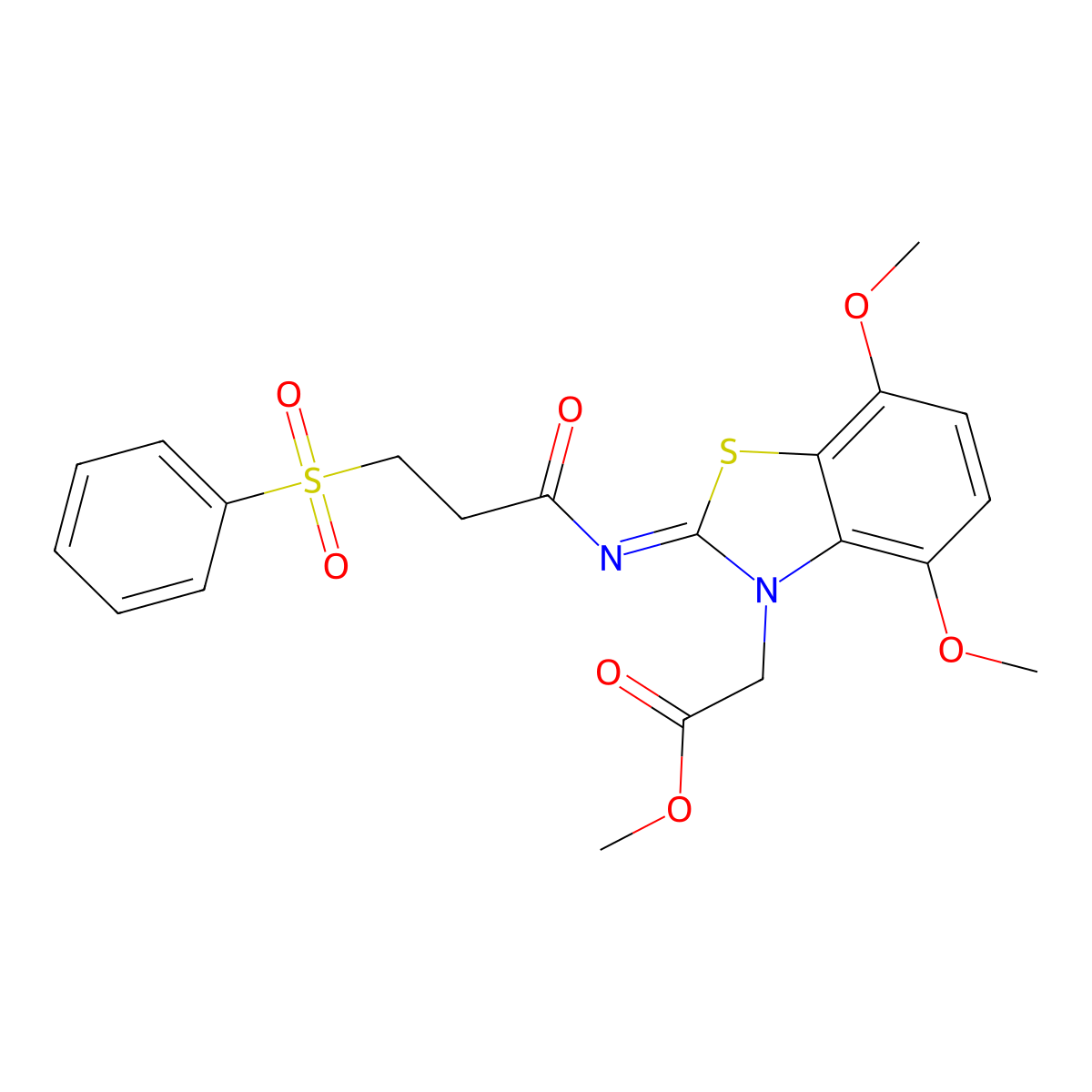 (E)-methyl 2-(4,7-dimethoxy-2-((3-(phenylsulfonyl)propanoyl)imino)benzo[d]thiazol-3(2H)-yl)acetate molecular structure, CAS 1322281-40-2