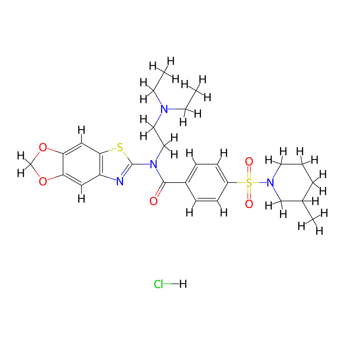 N-([1,3]dioxolo[4',5':4,5]benzo[1,2-d]thiazol-6-yl)-N-(2-(diethylamino)ethyl)-4-((3-methylpiperidin-1-yl)sulfonyl)benzamide hydrochloride molecular structure, CAS 1322286-13-4